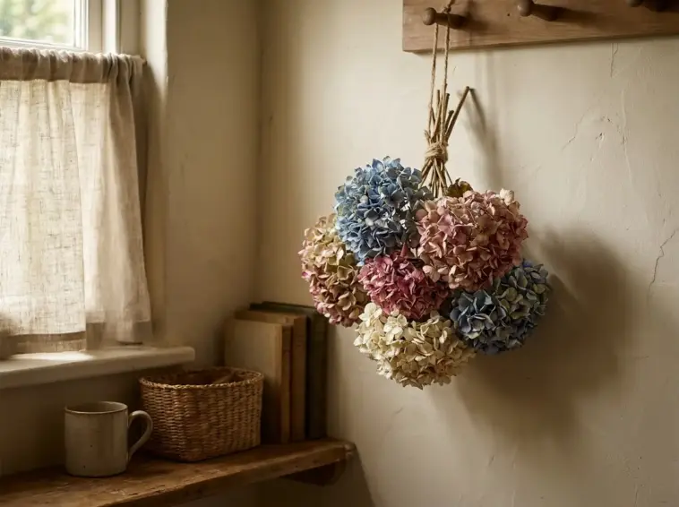 Upside down hydrangea bouquet preservation method for drying a sentimental bouquet at home