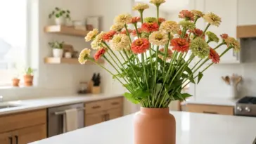 A fresh bouquet of long stem zinnias in a terracotta vase on a modern kitchen counter highlighting exceptional stem strength.