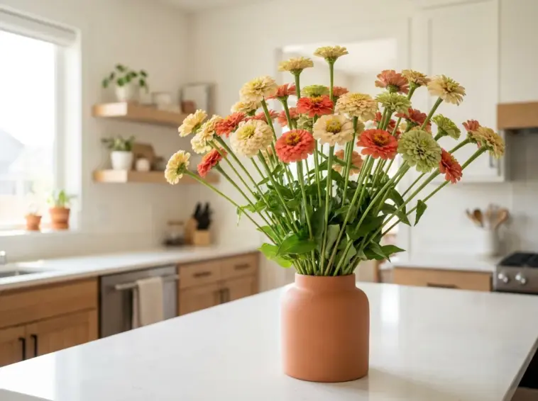 A fresh bouquet of long stem zinnias in a terracotta vase on a modern kitchen counter highlighting exceptional stem strength.