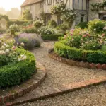 Traditional English-style garden with classic red brick edging, cottage borders, gravel paths, and formal flower beds