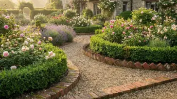 Traditional English-style garden with classic red brick edging, cottage borders, gravel paths, and formal flower beds