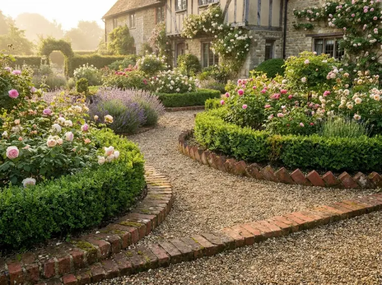 Traditional English-style garden with classic red brick edging, cottage borders, gravel paths, and formal flower beds