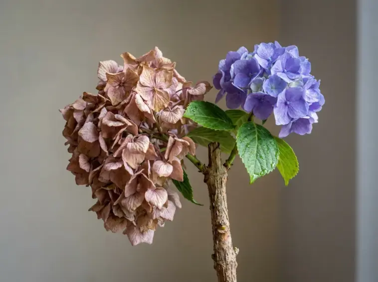 Wilted hydrangea bouquet showing drooping blooms, woody stems, and fast moisture loss in cut hydrangeas