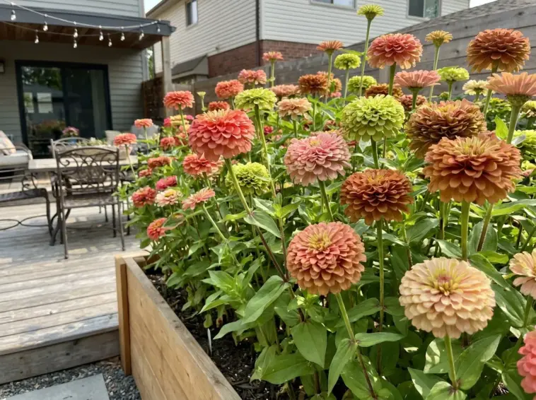 A lush and dense zinnia bed blooming vibrantly in a bright, modern cottage garden layout.