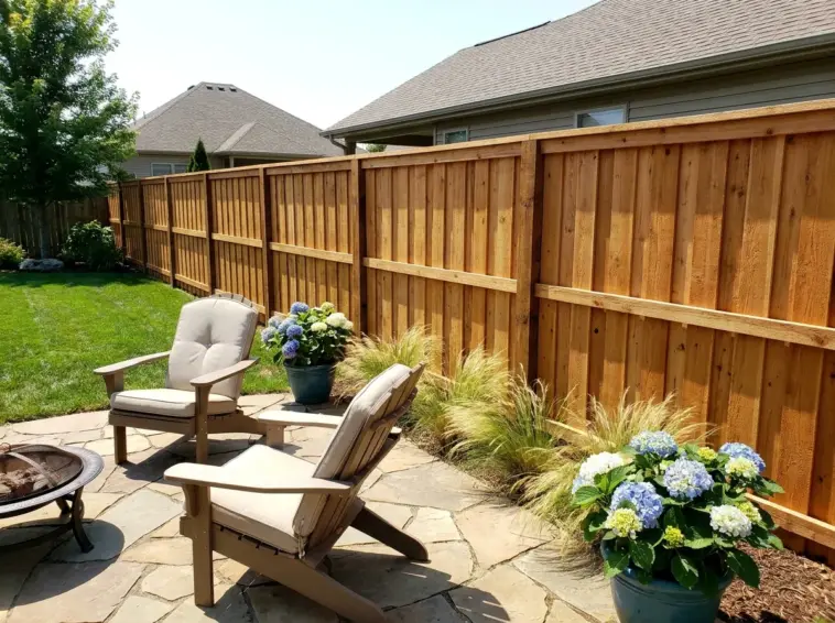 Shadowbox fence for backyard privacy and airflow with cedar boards, alternating pickets, and breezy landscaping