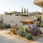 Modern desert chic garden landscape featuring a variety of structural prickly pear cactus plants in architectural containers.