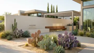 Modern desert chic garden landscape featuring a variety of structural prickly pear cactus plants in architectural containers.