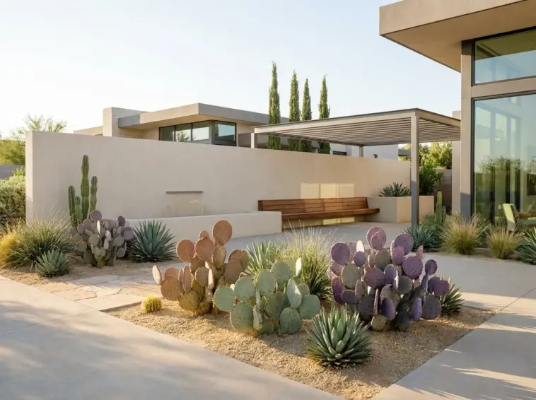 Modern desert chic garden landscape featuring a variety of structural prickly pear cactus plants in architectural containers.
