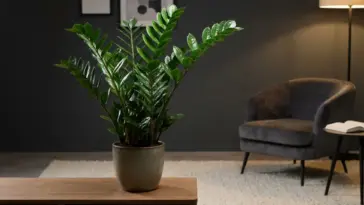 A thriving glossy ZZ plant displayed as a living room centerpiece in a modern low-light apartment.