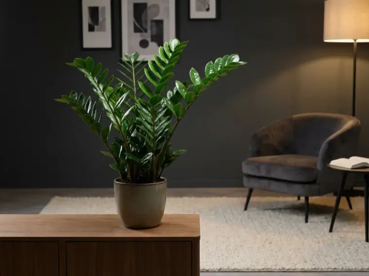 A thriving glossy ZZ plant displayed as a living room centerpiece in a modern low-light apartment.