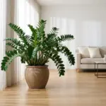 A healthy, glossy ZZ plant standing in a beautifully styled, sunlit minimalist apartment living room.