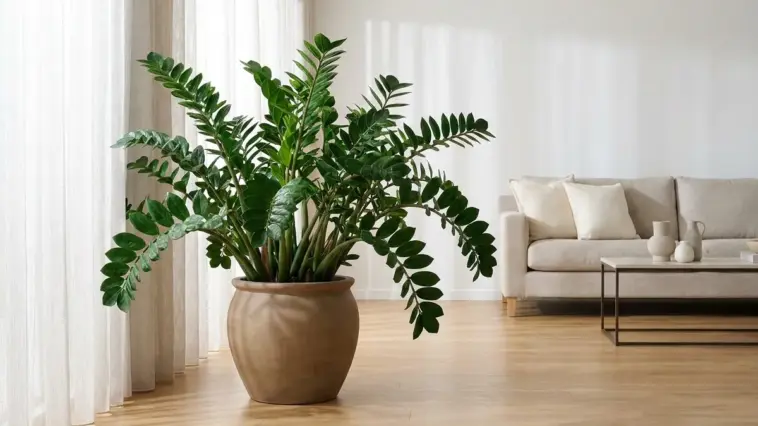 A healthy, glossy ZZ plant standing in a beautifully styled, sunlit minimalist apartment living room.