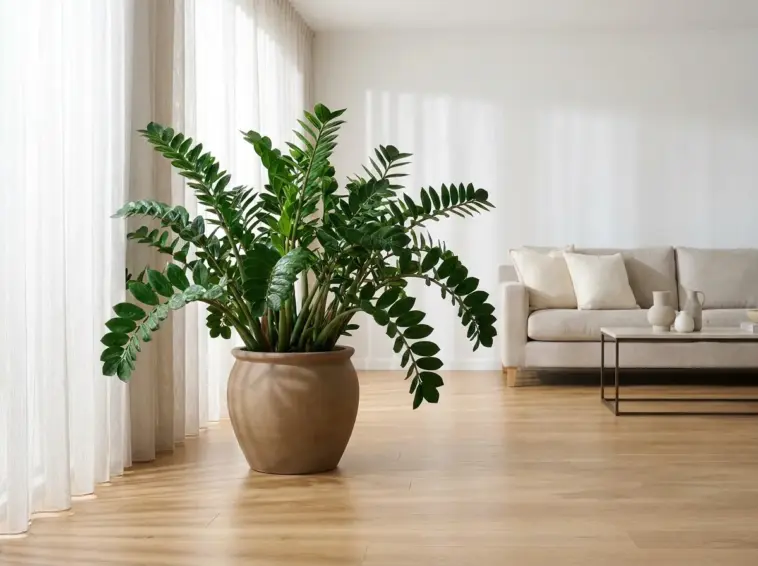 A healthy, glossy ZZ plant standing in a beautifully styled, sunlit minimalist apartment living room.