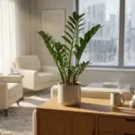 A thriving ZZ plant with glossy green leaves sitting on a wooden credenza in a bright, cozy minimalist living room during winter.