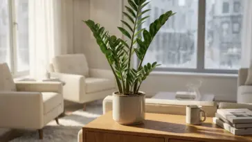 A thriving ZZ plant with glossy green leaves sitting on a wooden credenza in a bright, cozy minimalist living room during winter.