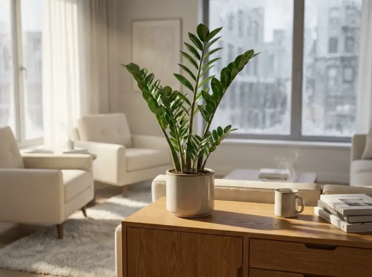 A thriving ZZ plant with glossy green leaves sitting on a wooden credenza in a bright, cozy minimalist living room during winter.