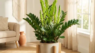 A healthy, thriving ZZ plant with vibrant new growth shoots in a bright, modern living room.