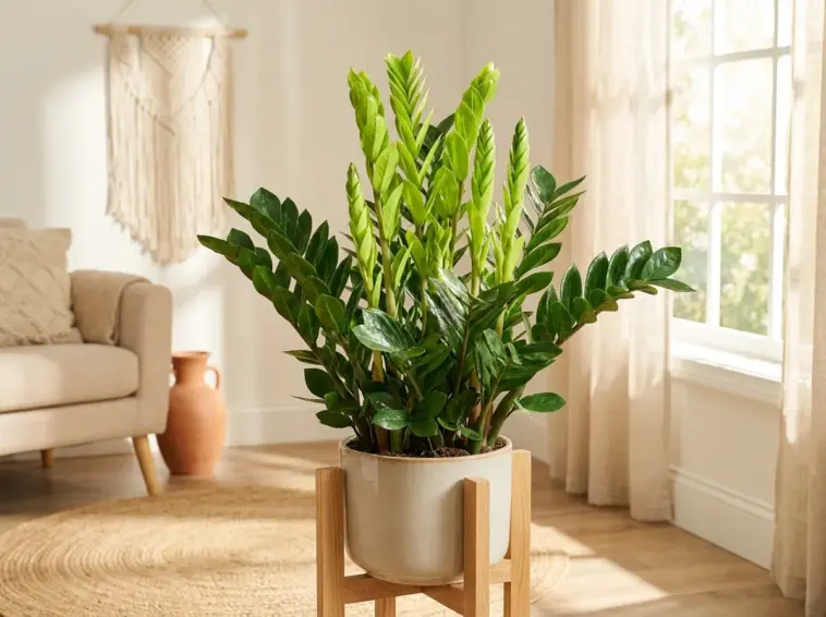 A healthy, thriving ZZ plant with vibrant new growth shoots in a bright, modern living room.
