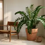 A thriving ZZ plant with glossy green leaves sitting on a wooden plant stand in a stylishly decorated low-light room corner.