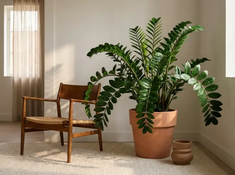 A thriving ZZ plant with glossy green leaves sitting on a wooden plant stand in a stylishly decorated low-light room corner.
