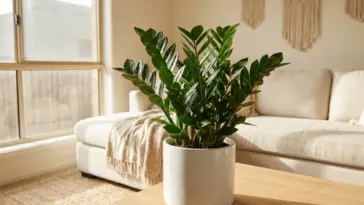 A lush green ZZ plant in a stylish white ceramic pot sitting on a wooden table inside a bright modern living room.