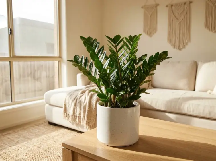 A lush green ZZ plant in a stylish white ceramic pot sitting on a wooden table inside a bright modern living room.