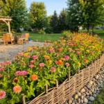 Vibrant zinnia flower bed bordered by natural eco-friendly edging materials in a sunny backyard landscape design.