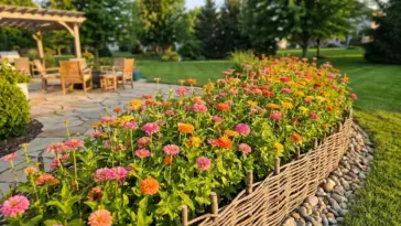 Vibrant zinnia flower bed bordered by natural eco-friendly edging materials in a sunny backyard landscape design.