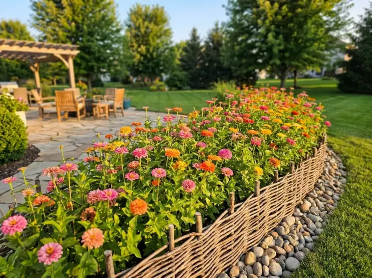 Vibrant zinnia flower bed bordered by natural eco-friendly edging materials in a sunny backyard landscape design.