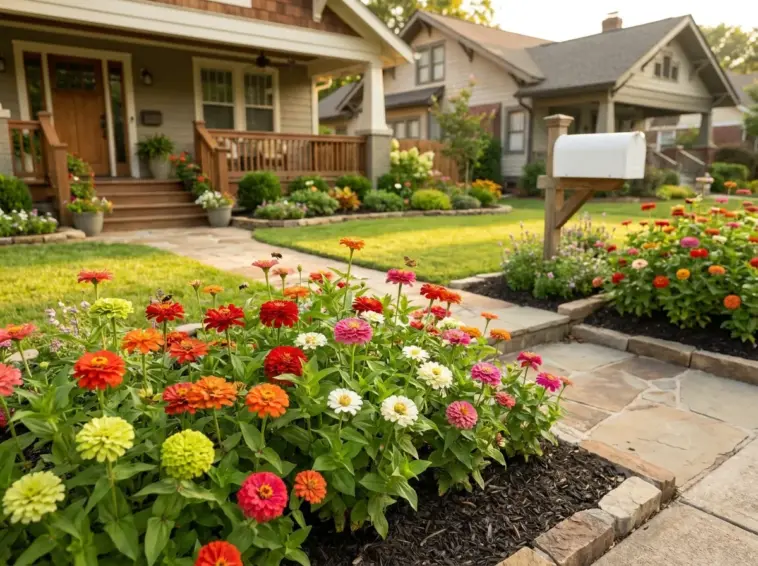 High-impact zinnia garden bed designs for massive curb appeal in a colorful front yard landscape