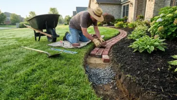 Deep-set brick lawn edging installed flush with grass for a mower-friendly garden border