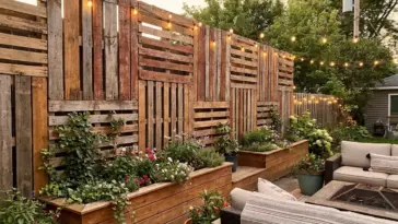 Full-height pallet and reclaimed wood fencing ideas for backyard privacy with DIY rustic modern style