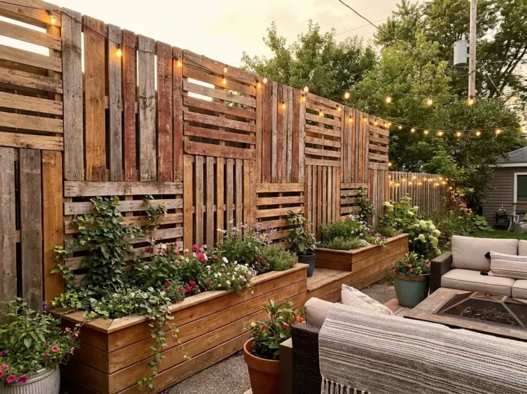 Full-height pallet and reclaimed wood fencing ideas for backyard privacy with DIY rustic modern style