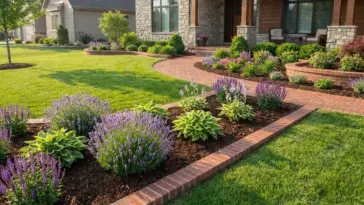Low-maintenance brick border layouts stopping grass from spreading around flower beds and lawn edges