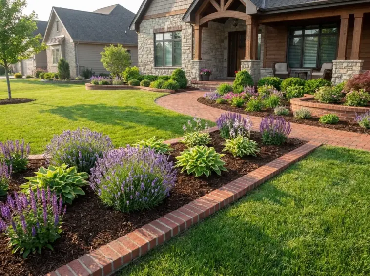 Low-maintenance brick border layouts stopping grass from spreading around flower beds and lawn edges