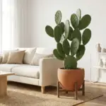 Healthy indoor prickly pear cactus in a terracotta pot sitting in a bright modern living room.