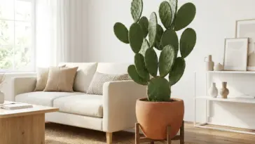 Healthy indoor prickly pear cactus in a terracotta pot sitting in a bright modern living room.