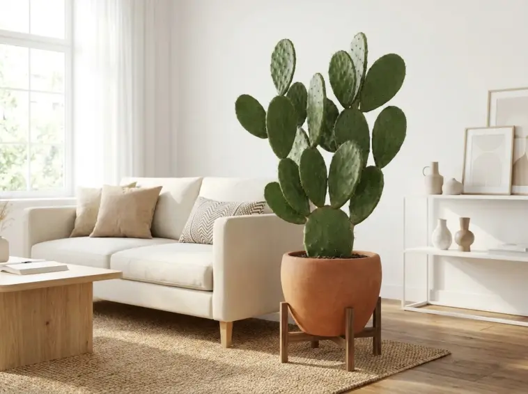 Healthy indoor prickly pear cactus in a terracotta pot sitting in a bright modern living room.