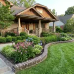 Permanent brick borders replacing mulch in a tidy flower bed for low maintenance landscaping and better curb appeal