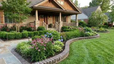 Permanent brick borders replacing mulch in a tidy flower bed for low maintenance landscaping and better curb appeal
