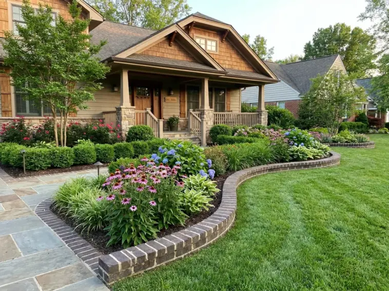 Permanent brick borders replacing mulch in a tidy flower bed for low maintenance landscaping and better curb appeal