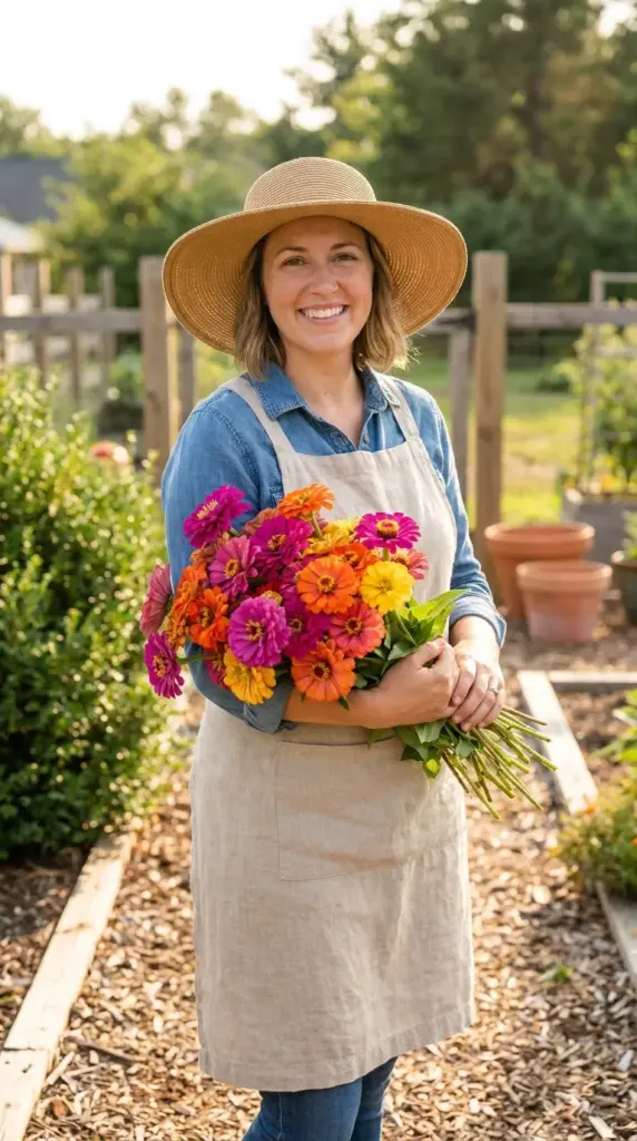 Female gardener holding a fresh bouquet of summer-blooming zinnias in a sunny backyard.