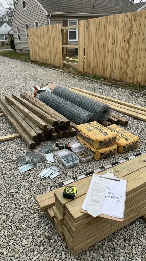 Hidden budget fence costs including hardware, concrete, gates, and materials for DIY fence installation
