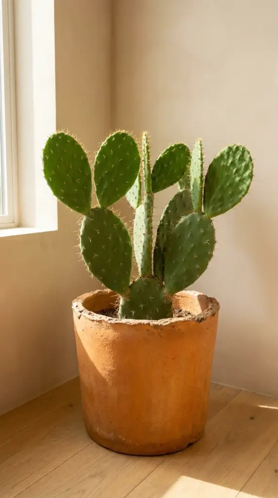 Large prickly pear cactus styled in a rustic terracotta pot on a hardwood floor.