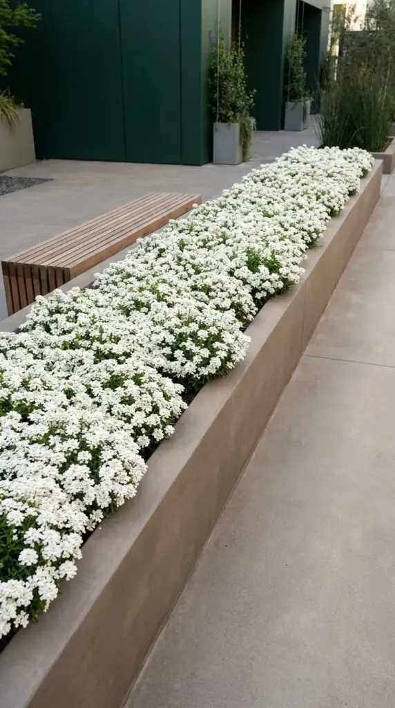 A chic backyard landscaping design showing a monochromatic flower bed next to a concrete path.