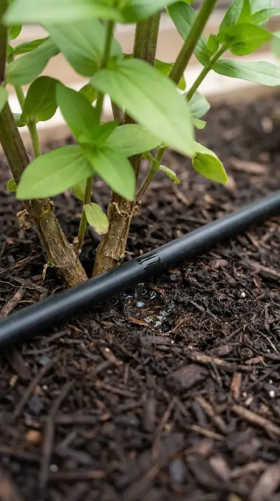 Drip irrigation system watering the base of zinnia plants in a garden bed to prevent powdery mildew.