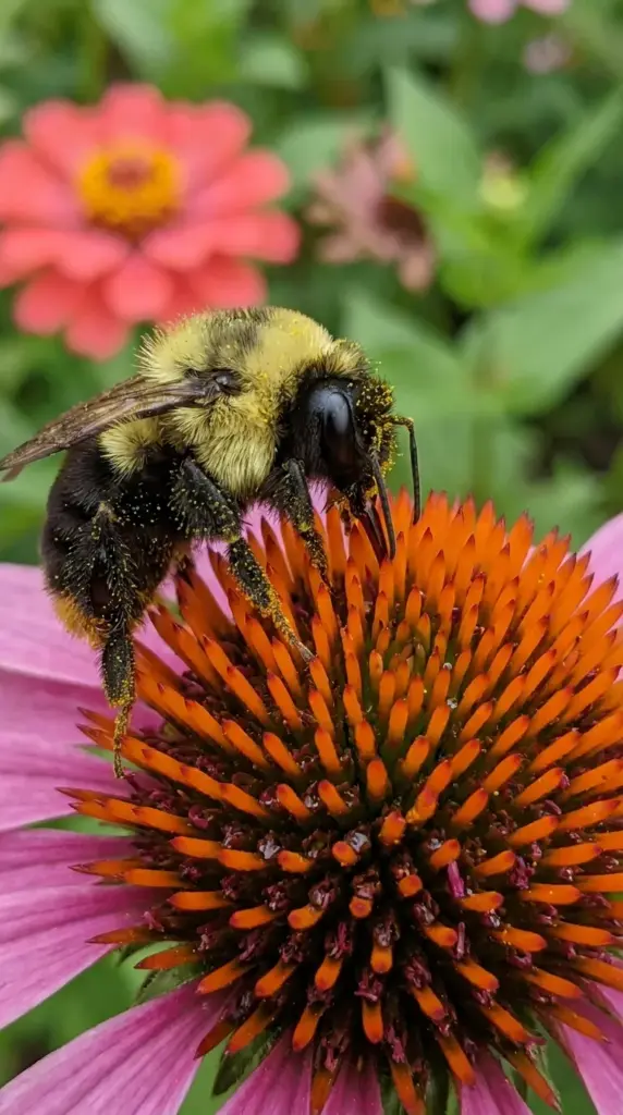 Close-up of a bumblebee collecting nectar from a purple coneflower next to a zinnia plant.