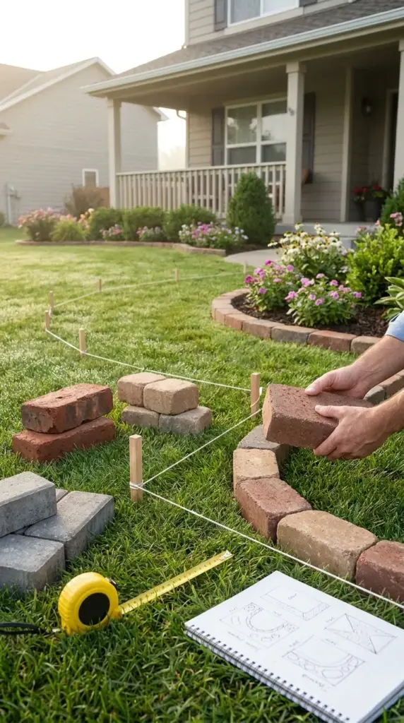 Choosing the right brick lawn edging pattern with brick samples, string lines, and front yard landscaping plans