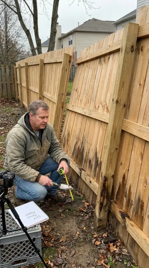 Homeowner inspecting cheap DIY fence failure caused by moisture, poor airflow, and wood rot