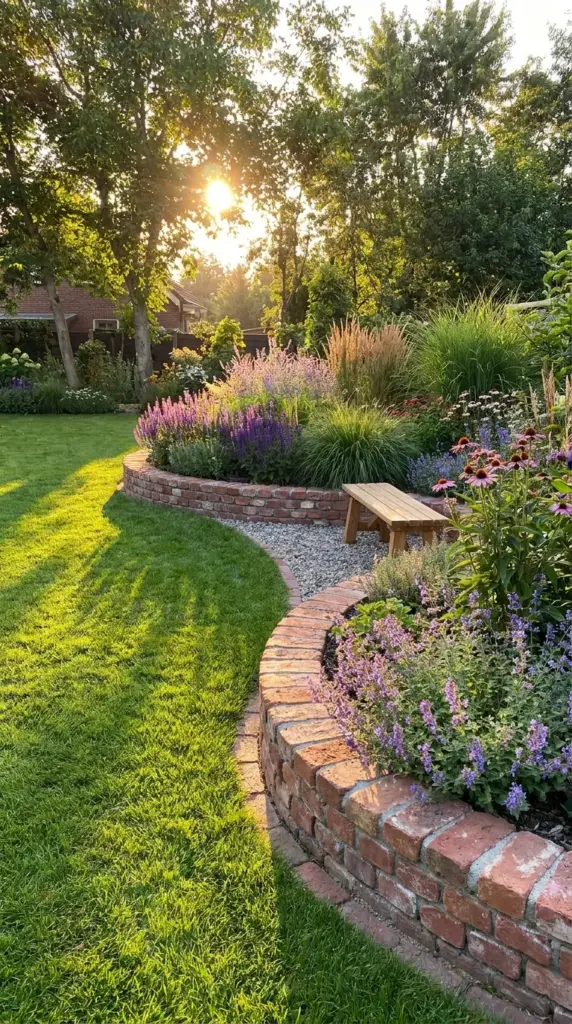 Curved brick edging adding soft structure and visual flow to a garden border